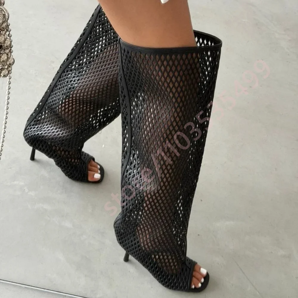 2026 Summer New Mesh Peep Toe Knee High Boots for Women Stiletto Heel Hollow Out Summer Boots Fashion See-Through Party Shoes