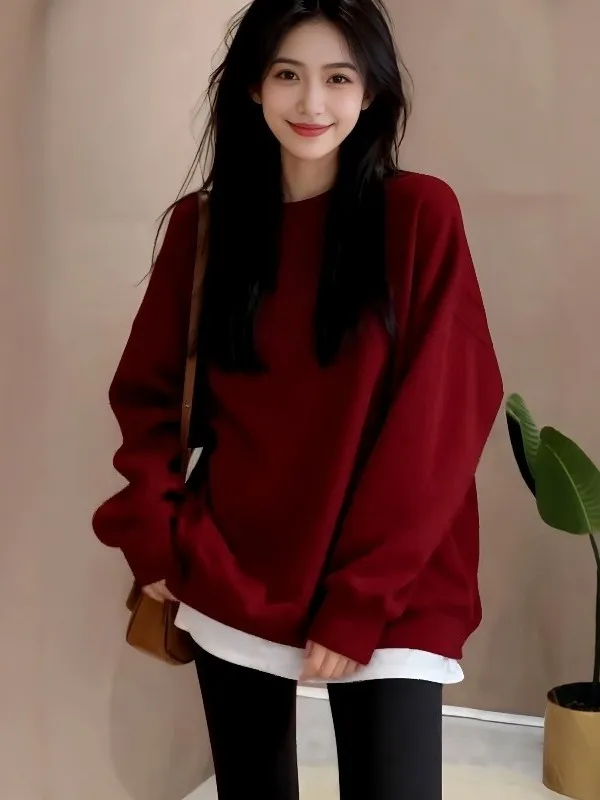 

plus Size Women's Red Hoodie Fake Two-Piece Sweatshirt Thickened Fleece Mid-Length Spring 2026 Slimming Top Korean Style