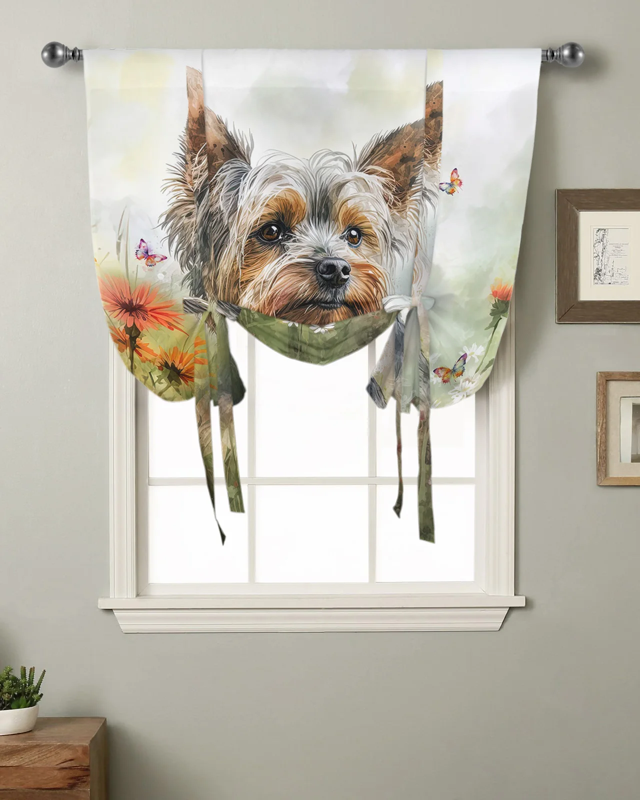 Flower Pet Dog Watercolor Butterfly Window Curtains Tie Up Curtains for Kitchen Living Room Adjustable Rod Pocket Drapes