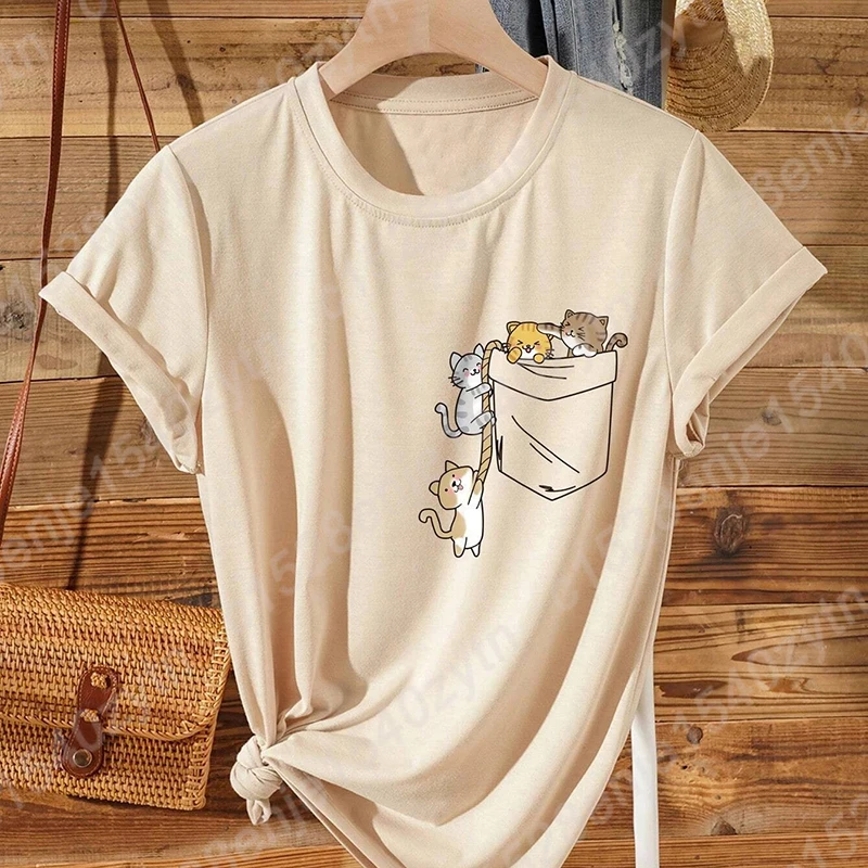 

Cute Cat Print T-shirts, Summer Fashion Casual Short Sleeve Crew Neck Tees Tops, Ladies Cat Lovers T-shirt, Women's Clothing