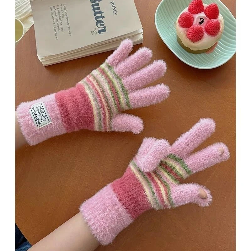 Korean Design Stripe Velvet Gloves For Women Fashion Girl Soft Warm Mittens Knitted Trendy Hand Warmer Skiing Riding Windproof