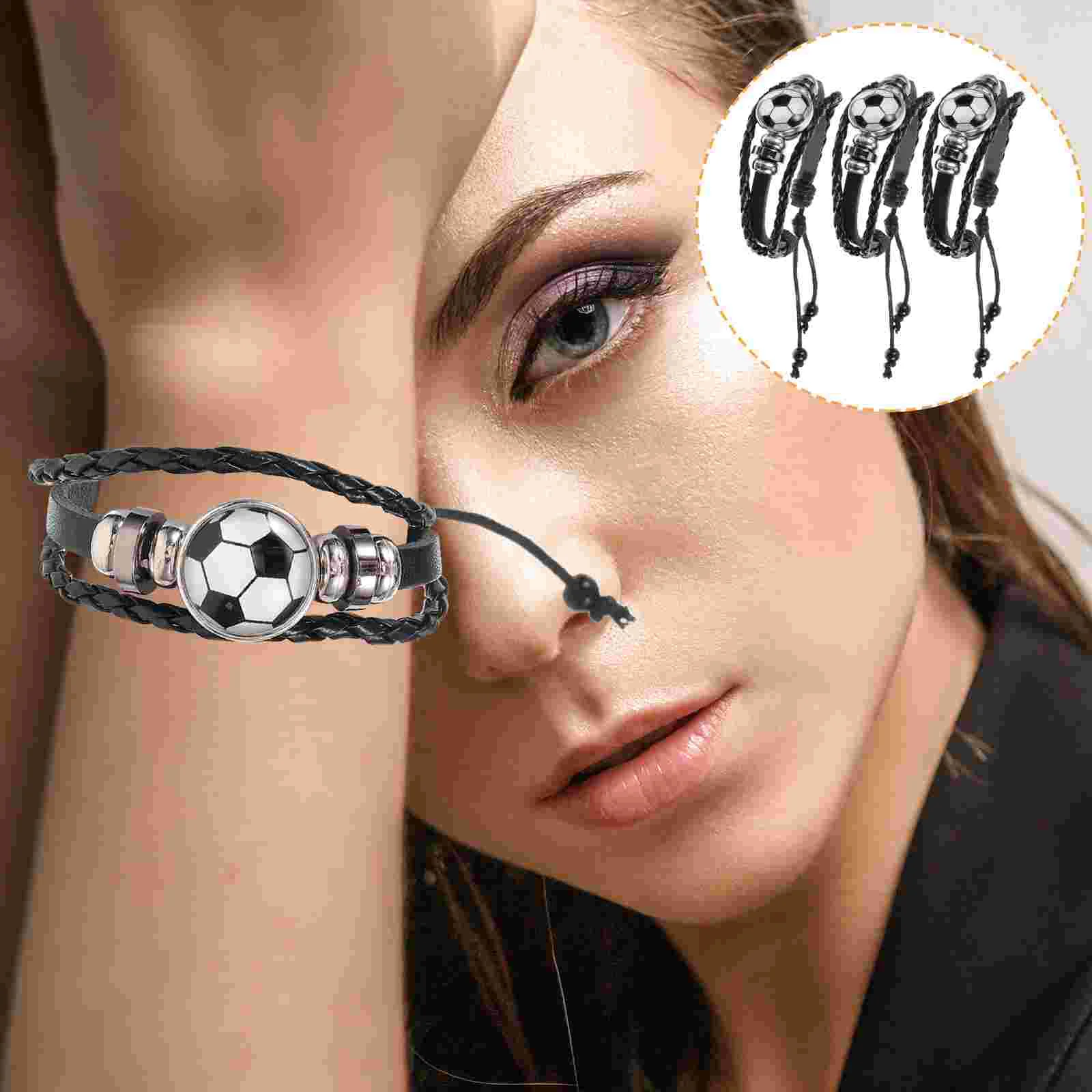 3 Pcs Football Bracelet Beaded Soccer Jewelry Braid Sports Bracelets for Boys Wristbands Team Braided Gift Adjustable