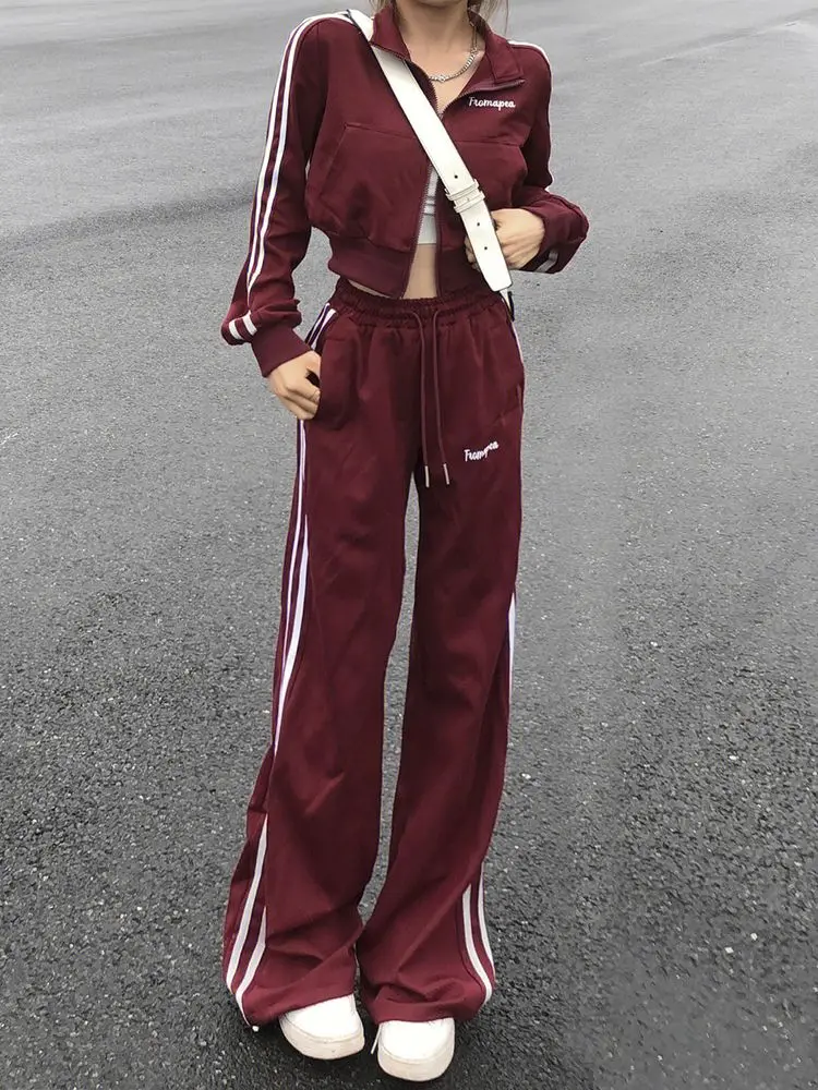 Y2K Kpop Tracksuit Pant Sets Women Korean Style Two Piece Set Wide-leg Pants Harajuku Baggy Cropped Striped Zip Up Sweatshirts