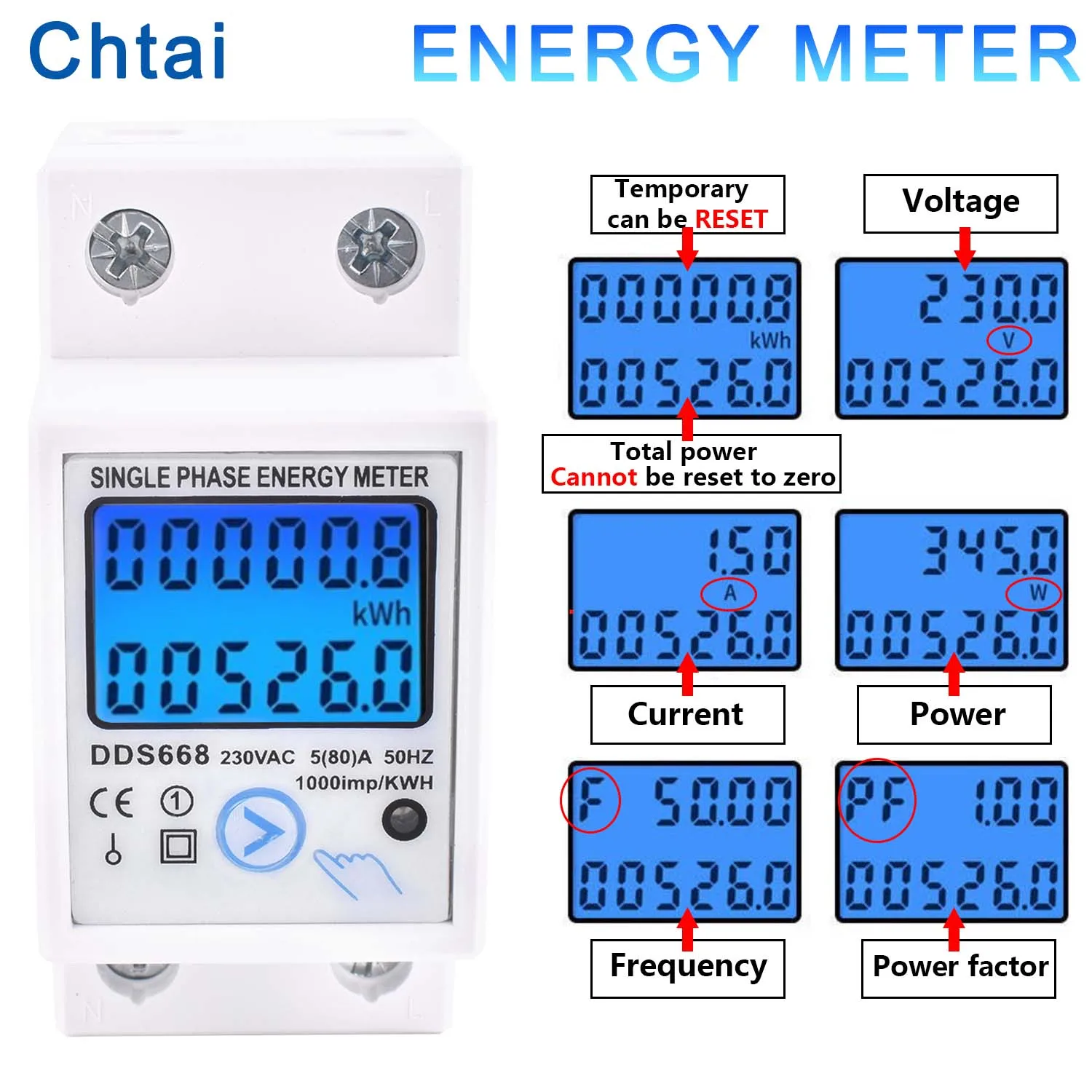 

Single Phase LCD Digital Energy Meter Reset Zero kWh Voltage Current Power Consumption Counter Electric Wattmeter 220V Din Rail