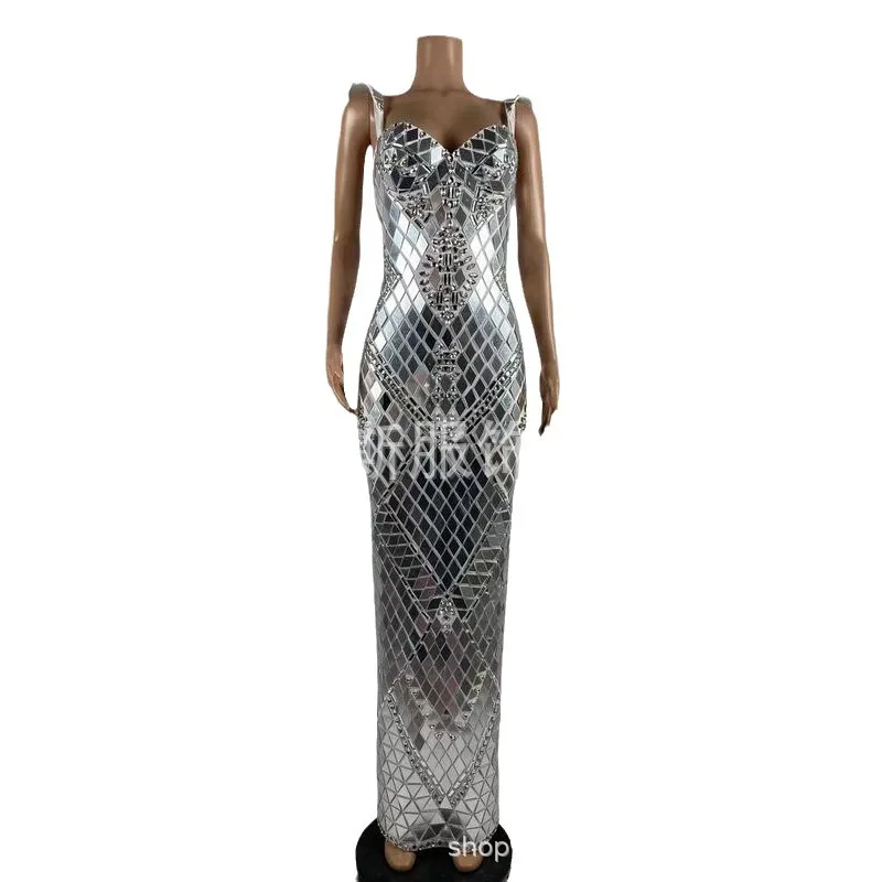 Designer verão espelho lantejoulas strass decalque sem mangas longo chão bola vestido de noite para mulheres chique e doce vestido de noite