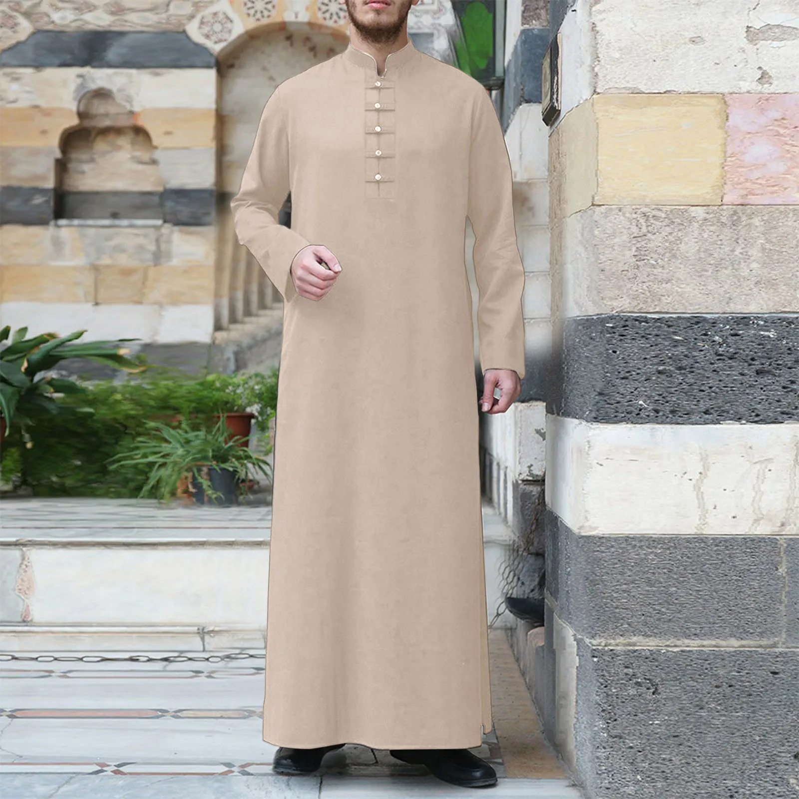 Muzułmańska szata mężczyźni Jubba Thobe saudyjska arabska Kaftan w jednolitym kolorze stojak z dekoltem Homme Abaya Caftan islamska odzież sukienka Islam Eid