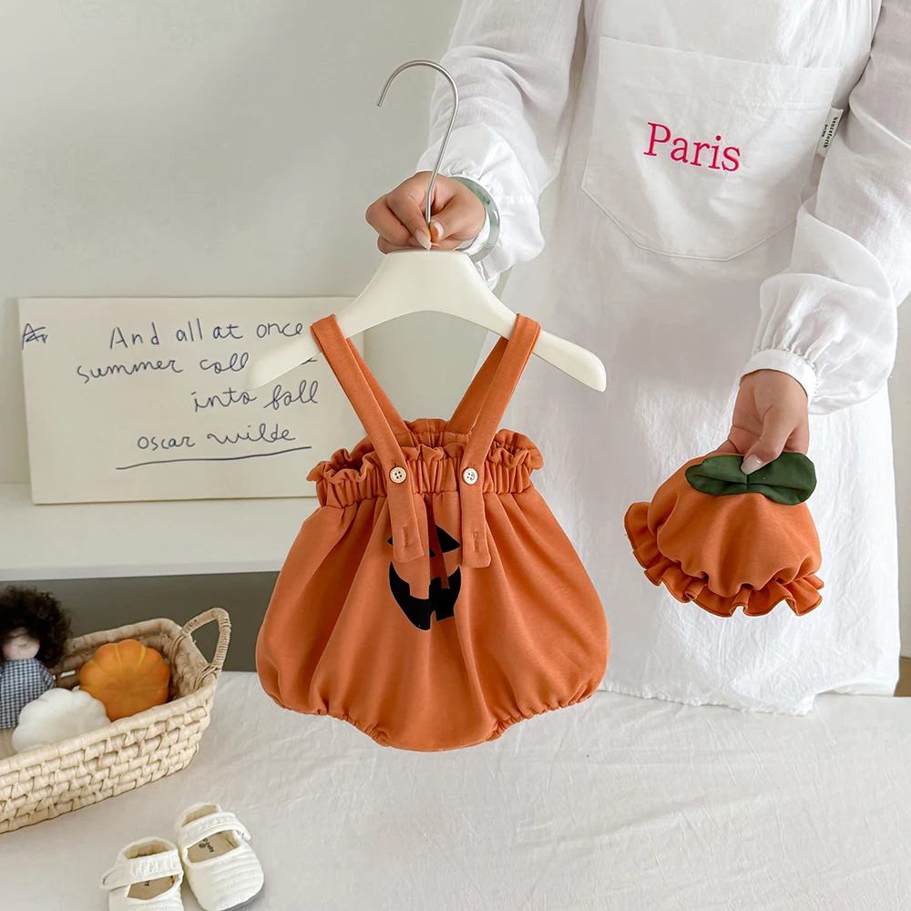 MILANCEL Halloween Baby Bodysuits and One-pieces 3-24M Cartoon Pumpkin Toddler Straps Bodysuit With Hat Infant Girl Clothing