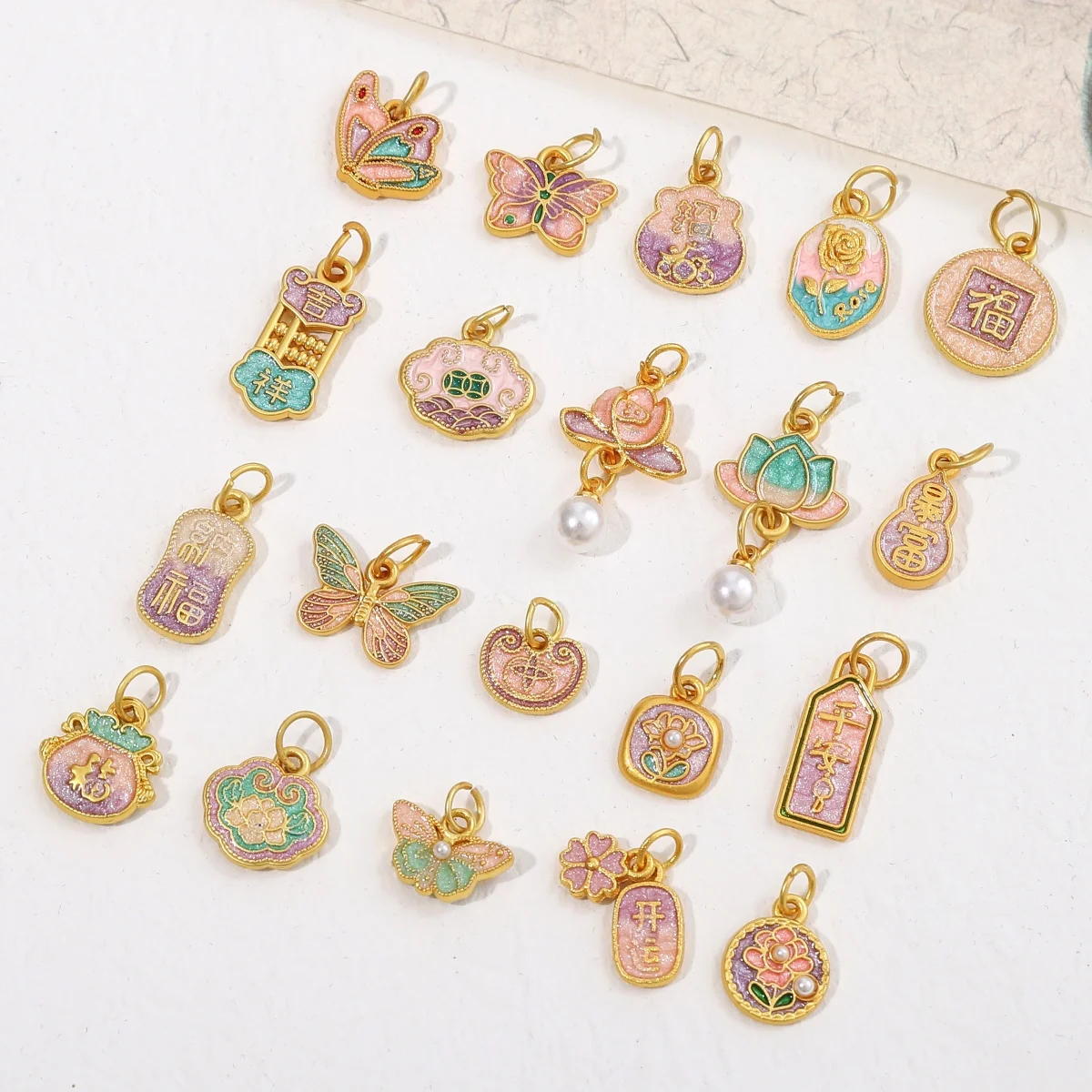 1pc Enamel Alloy Charms Gold Color Chinese Style Lucky Wealth Pendant Butterfly Gourd Lock DIY Bracelets Necklace Jewelry Making