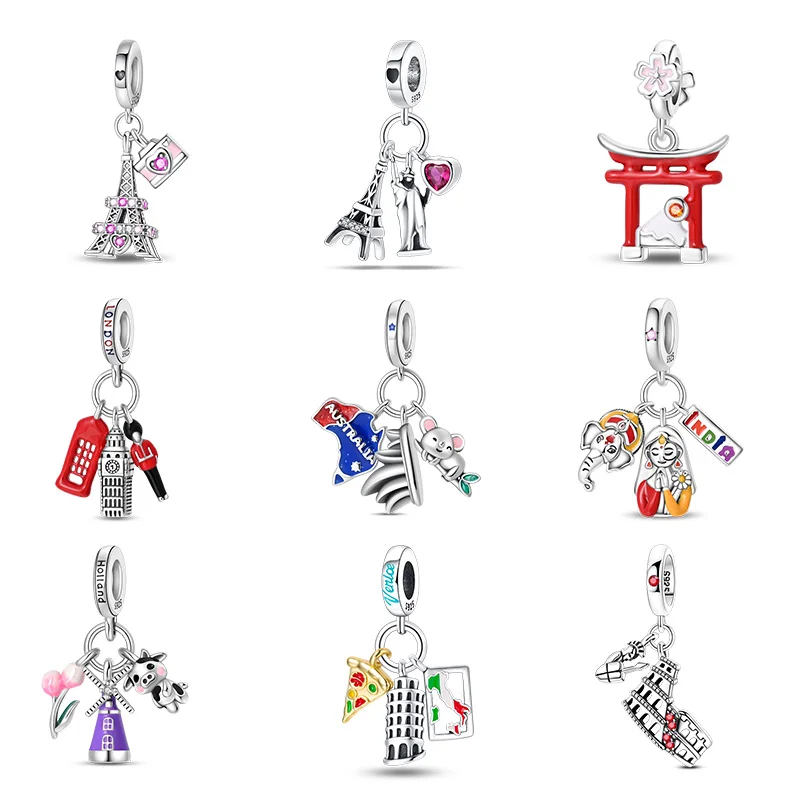 Pingente de Prata Esterlina 925 com Tema de Viagem pelo Mundo, Big Ben e Torre Eiffel, para Mulheres, Compatível com Pulseiras Originais, Presentes de Joias DIY