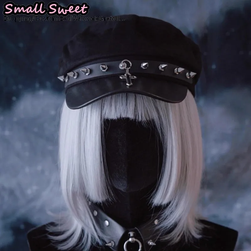 

Женский берет Y2k Girl Harajuku в готическом стиле в стиле гранж-панк с заклепками из искусственной кожи и пуговицами, уличная одежда, готическая Лолита, крест-рок, газетные кепки