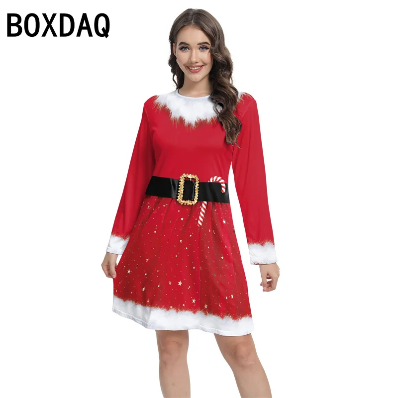 

Ladies' Christmas Party Dress New Autumn Long Sleeve O-Neck Big Size A-Line Dress Vintage 3D Christmas Element Printed Dress