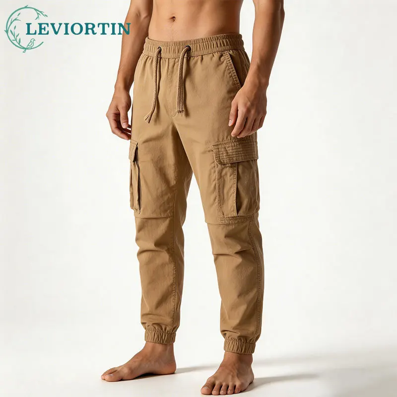 

Мужские повседневные брюки карго из хлопка с множеством карманов, свободного кроя, прямые, на шнурке, для активного отдыха и работы