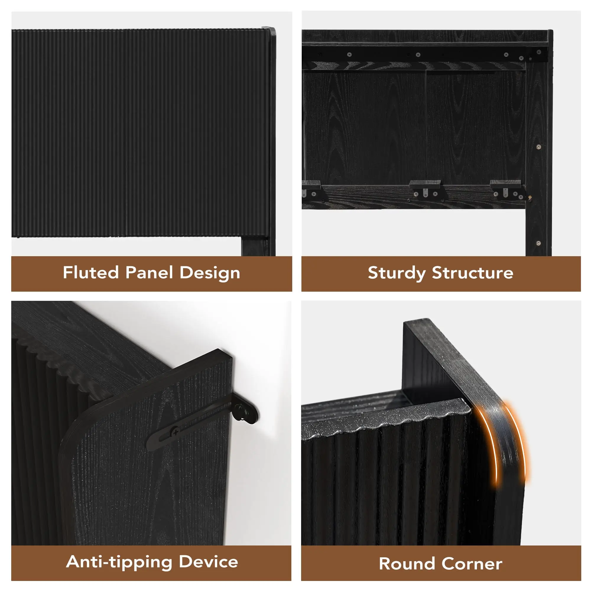 Fluted Headboard Queen Size, Modern Black Headboard with Lighting&Power Outlets, Wall Mounted Headboard Only with image 3