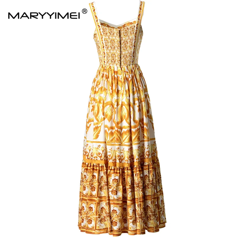 MARYYIMEI Summer Women's Dress Sexy Sweetheart Neck Spaghetti Strap Backless Fashion Baroque printed Pleated Dresses