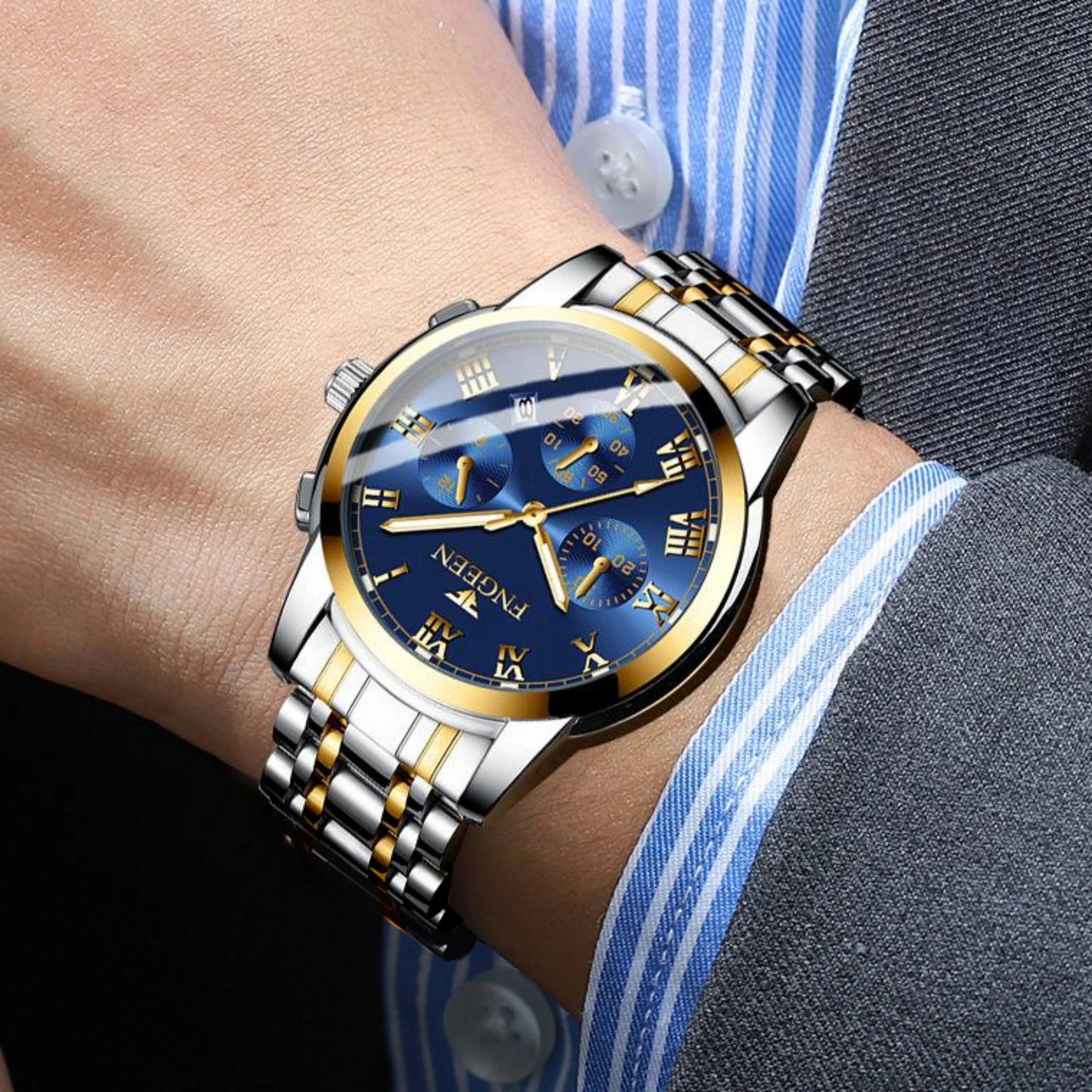 Men's stainless steel watch room gold strap blue dial Roman scale luminous pointer waterproof quartz watch 4006