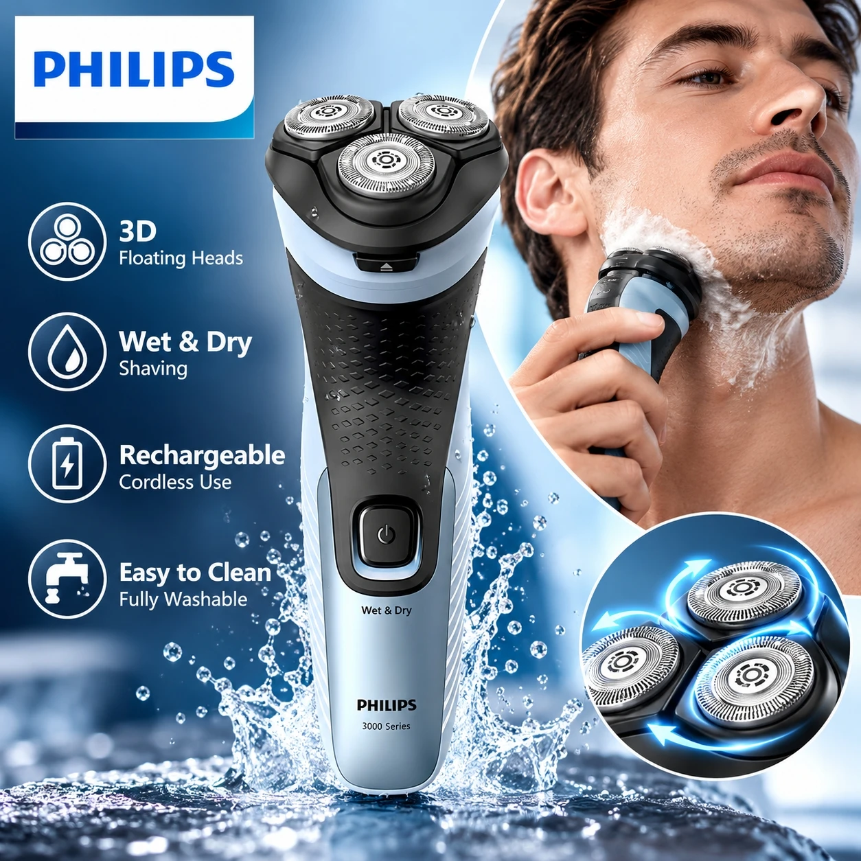 Philips S385 Electric Shaver for Men Wet Dry Waterproof Rechargeable Rotary Razor Cordless Face Beard Shaving Machine