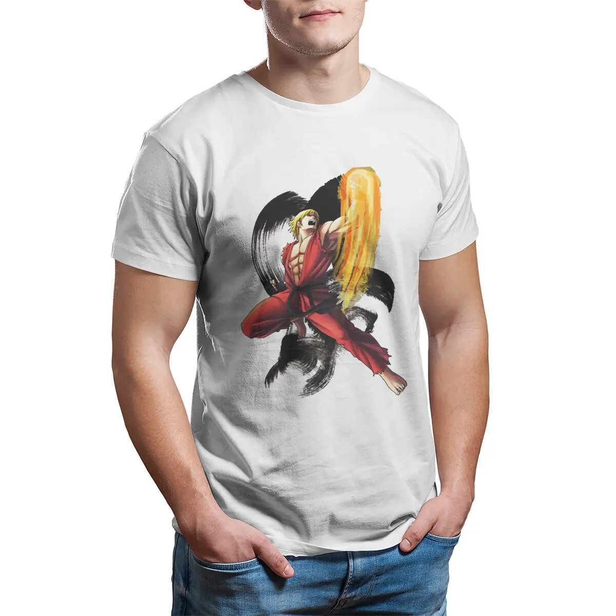 Ken Masters 100% Cotton printed vintage Street Fighter t shirt  Retro Arcade game mens clothes Plus size Graphic shirts