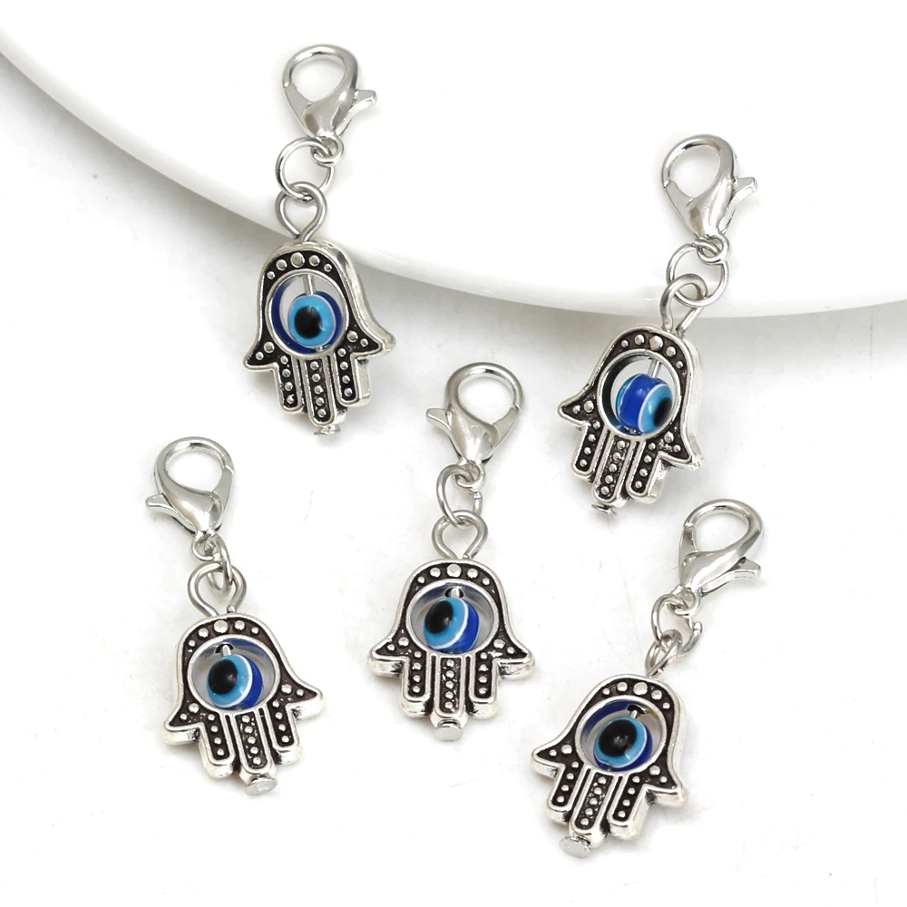 10pcs/lot 35*13mm Evil Eye Beads Hamsa Hand Charms Pendent Lobster Clasp Pendant Key Chain Jewelry Accessories