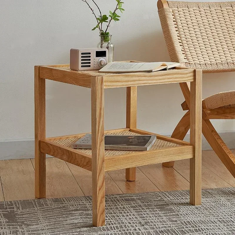 Solid Wood Square Rattan Woven Side Table Balcony Tea Table Japanese Homestay Double Layered Coffee Table Living Room Furniture