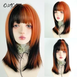 OLACARE Curly Synthetic Wigs for Women Long Natural Straight Black Orange Wigs with Flat Bangs Colorful Party Heat Resistant Wig