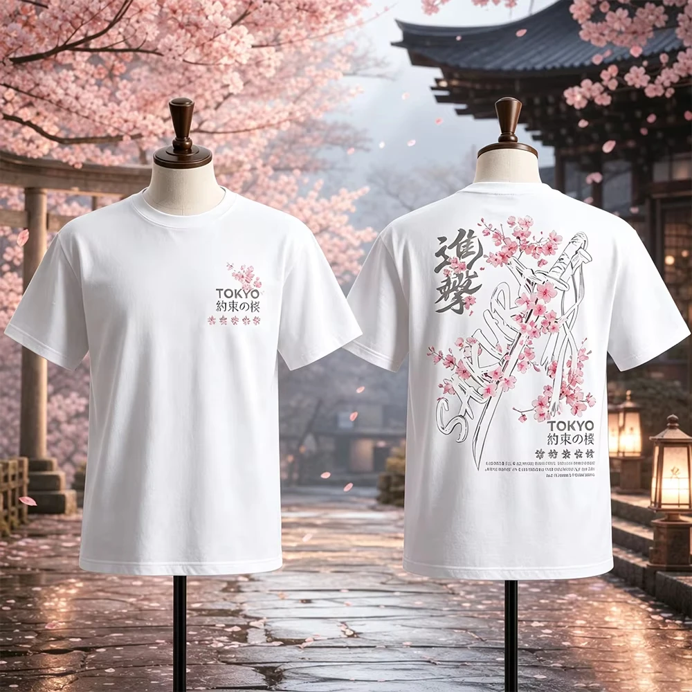 Unisex Summer T-shirt Purple Flower Samurai Sword Pattern Daily Wear Versatile Parent-Child Suitable Casual Breathable Top