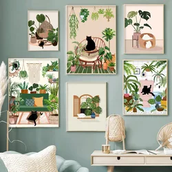 Abstract Green Plants Black Cat Wall Art Canvas Painting Aesthetics Posters And Prints Wall Pictures For Boho Living Room Decor