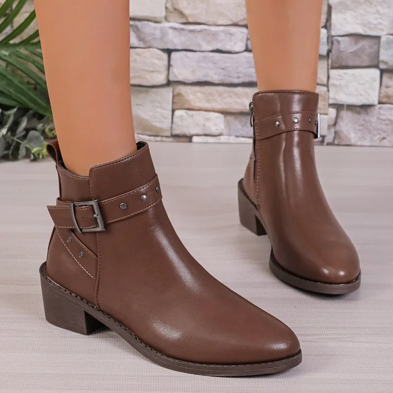 Shoes for Women2023 Brand Zip Ankle Women's Boots Square Heel Solid Warm Boots Ladies Modern Belt Buckle Shoes Zapatos De Mujer