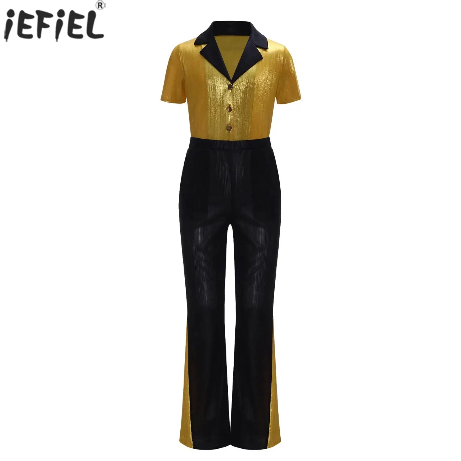 الأولاد 70s ديسكو حزب زي لمعان قصيرة الأكمام أزرار قميص أعلى مع السراويل مضيئة لأداء مرحلة رقص الجاز هالوين