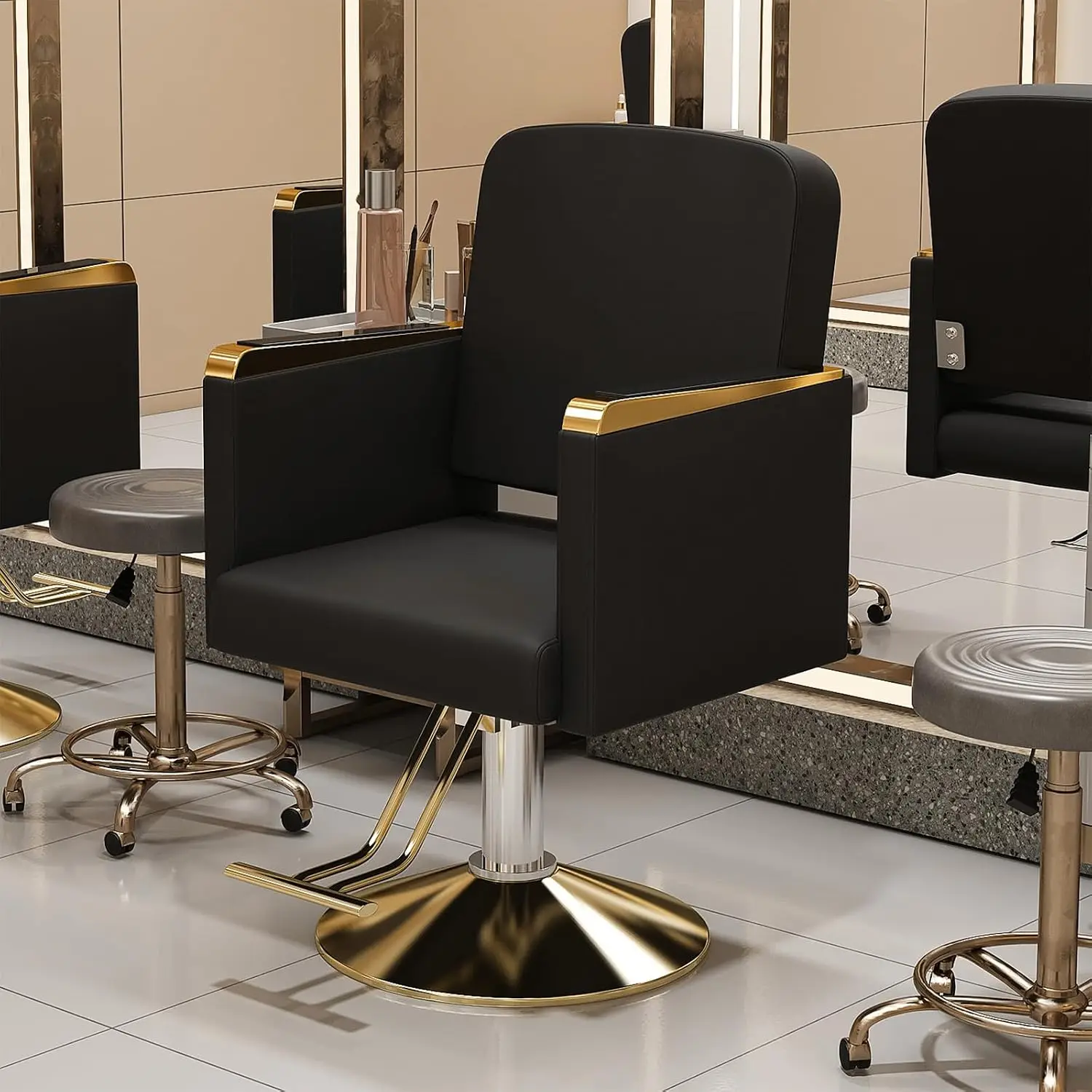 Hydraulic Salon Chair 360° Swivel PU Leather Barber Chair with Full Armrests for Hair Salon Beauty Spa Black Gold, Customized