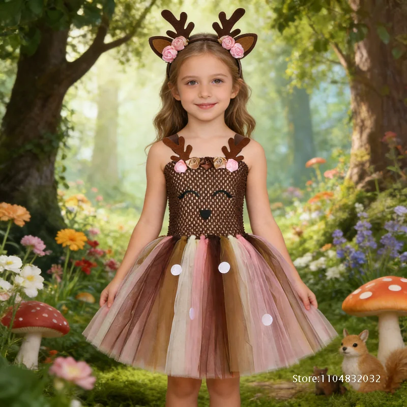 

Рождественские костюмы оленей для девочек, платье-туту с цветами и оленями для детей, праздничный наряд на Рождество, новогодняя карнавальная одежда для детей