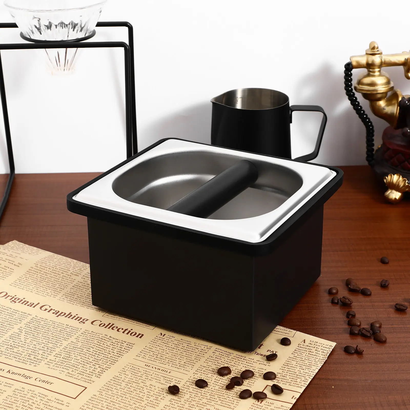 

Stainless Steel Espresso Knock Box Large Capacity Coffee Grounds Container Nonslip Base Noise Reduction Coffee Trash Bin