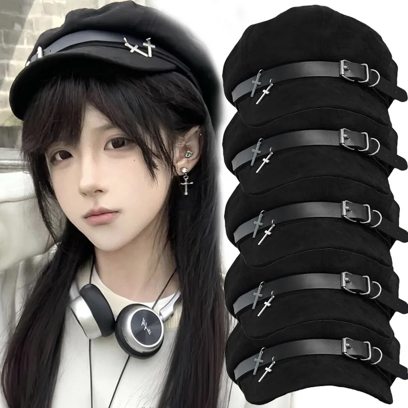 

2025 Y2K Cross Pendant Berets Gothic Lolita Hats Caps Punk Harajuku Bow Handmake Decorative Comfortable Sun Hats for Women Girls