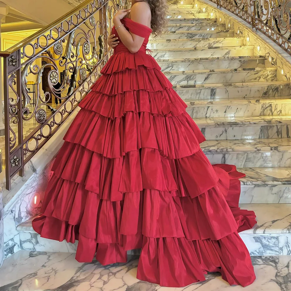 A-Line Strapless Off the Shoulder Velour Short Sleeves Red Graceful and Classic Evening Dresses Tiered Pleats Lace Up Back