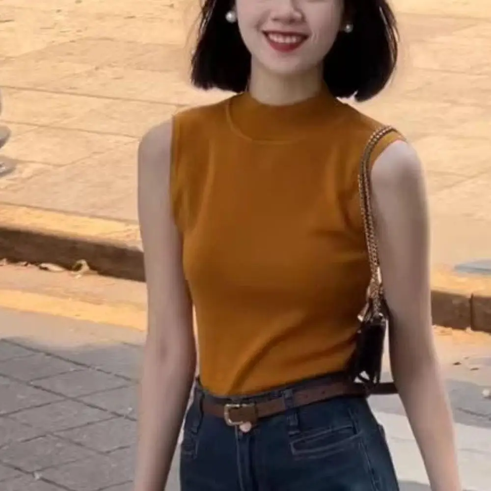 Elegant Women's Vest Knitted Tank Top Tees T-Shirt Women Top Half-turtleneck Cropped Top Camisole Sweater  Autumn Sleeveless