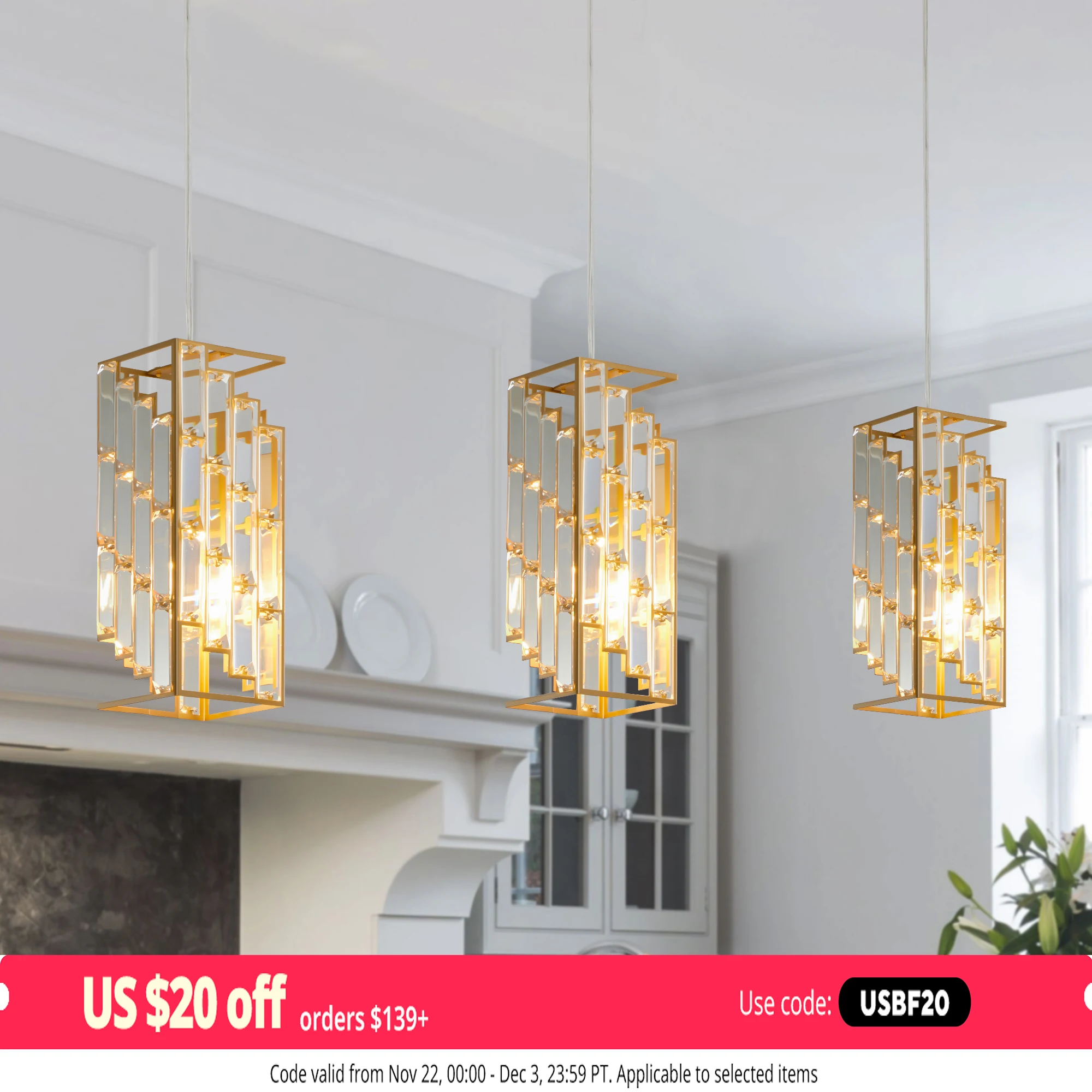 Modern Crystal Pendant Light - 3 Pack, Adjustable Hanging Ceiling Lamp with Crystal Prism Design -Golden Finish