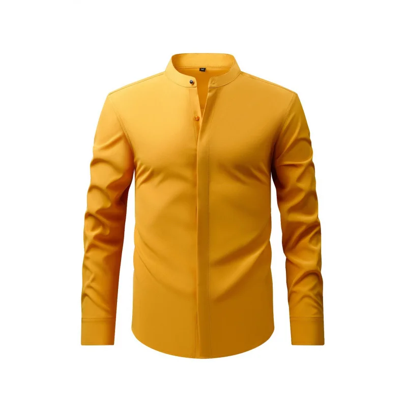 Spring and Autumn Men's Retro Stand Collar Long Sleeve Shirt Stretch  Business Casual Shirt New Top