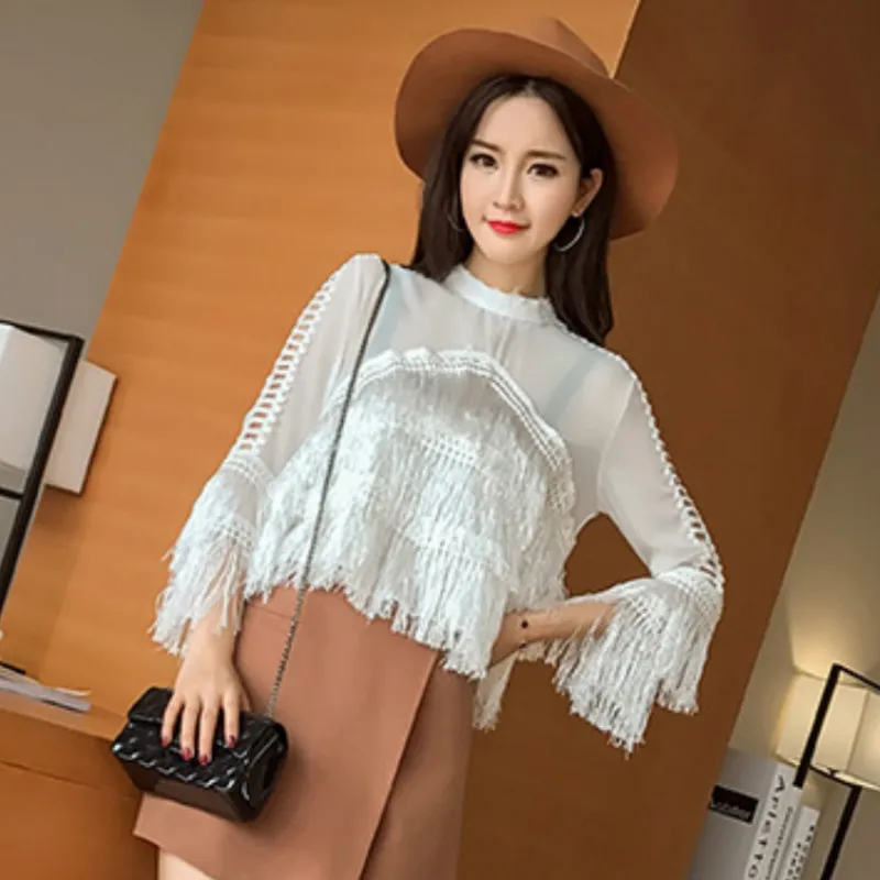 

Woman Bottoming Fringed Chiffon Shirts Tassels Blouses Three Quarter Flare Sleeve Spring Slim O-Neck Tassels Splicing Tops 2023