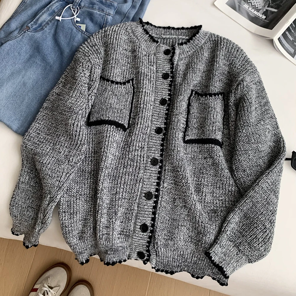 

Casual Contrast Patchwork Knitted Cardigans Women Autumn Winter O-Neck Single Breasted Loose Sweater Coats All-Match Sweaters