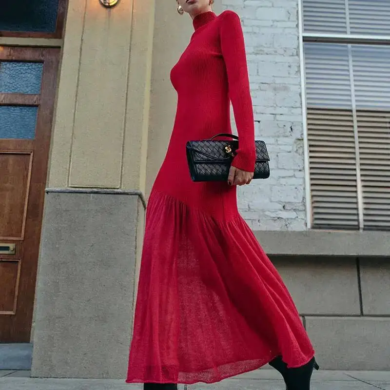 الخريف عادية كم حفلة الشتاء المرأة أنيقة شبكة الربط ماكسي موضة نصف عالية طوق محبوك فستان طويل #2