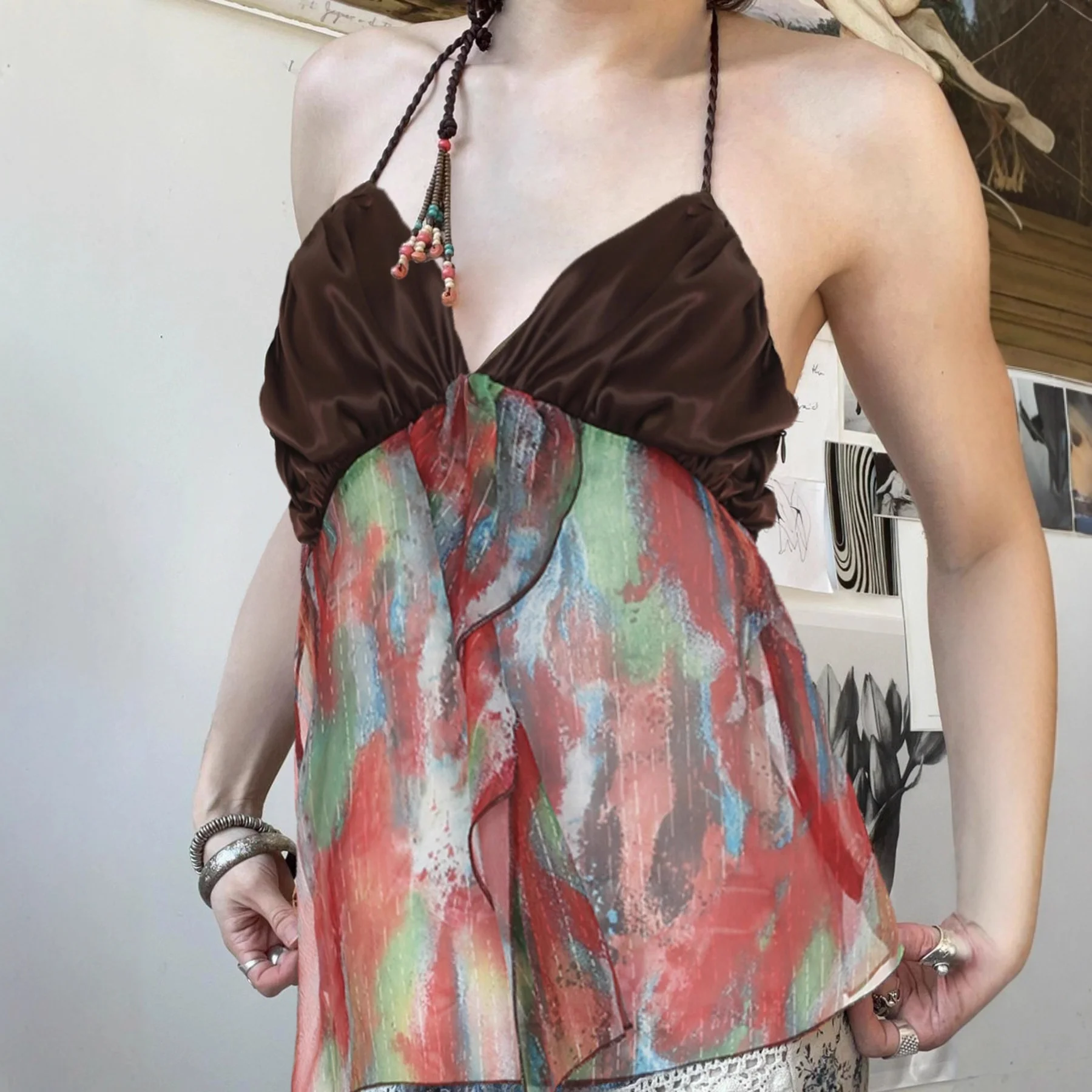 Gilet à bandoulière décoratif perlé, Sexy, taille haute, nœud amincissant, Design Neline, tricoté, haut d'été Ultra fin