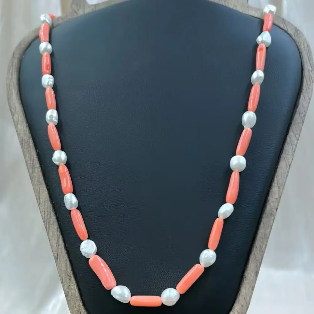 4 مللي متر 5x7 مللي متر 17-20 بوصة مجوهرات الأزياء البحر الطبيعي الخيزران البرتقالي المرجان الأبيض لؤلؤ المياه العذبة الطبيعية قلادة قصيرة #3