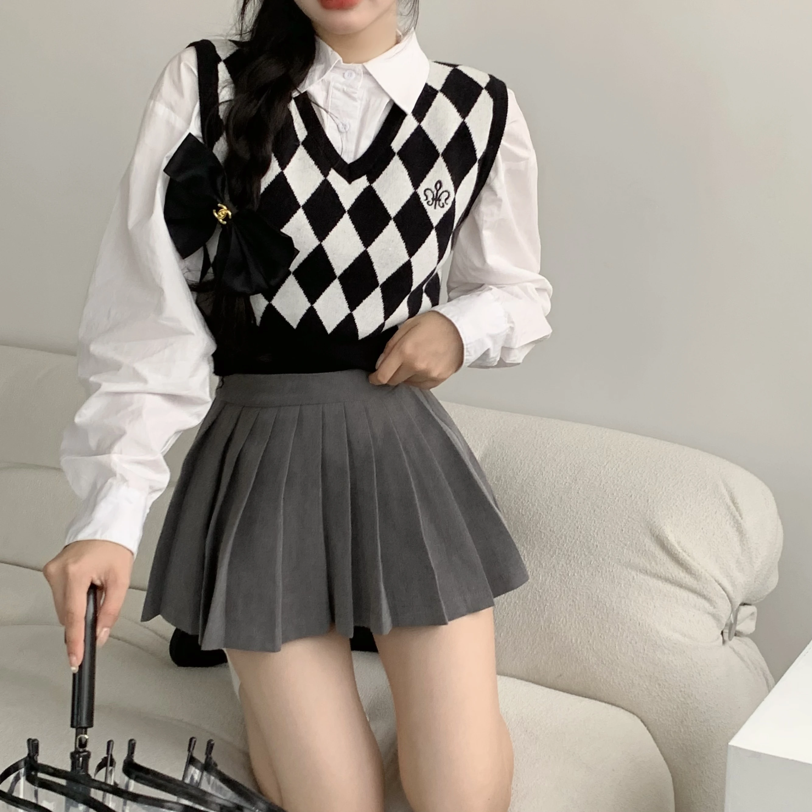 

Ele White irt Ne Bubble Sve вязаный жилет женский Faion College Sle Design осень Новое поступление полиэстер Fa...