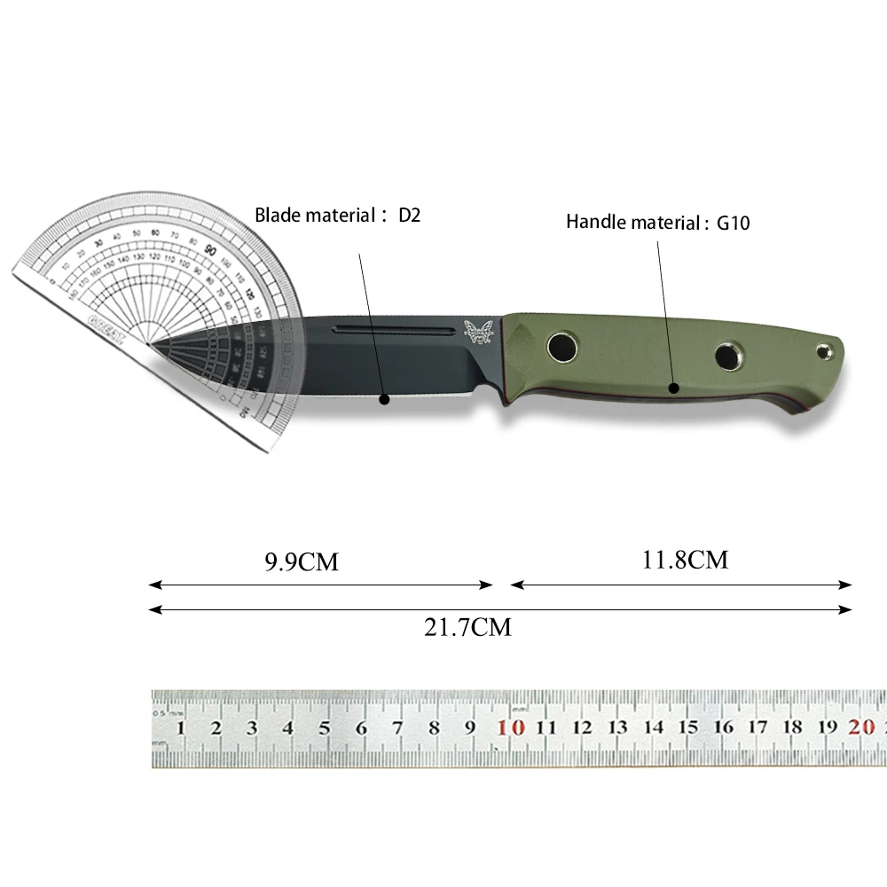 BM 163 Bushcrafter Knife Outdoor Straight Knife G10 Handles D2 Steel Hunting Self Defense Fixed Blade Knives with Leather Sheath