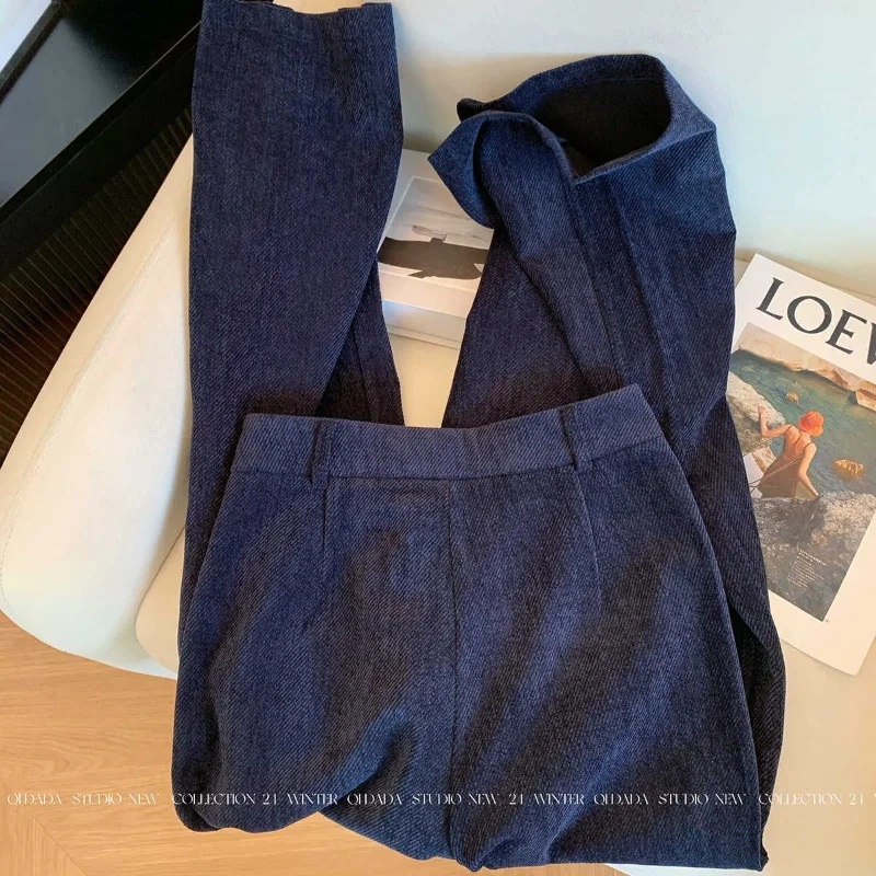 الأزرق الداكن عارضة واسعة الساق السراويل النساء في ربيع الخريف تصميم جديد الرباط عالية الخصر التخسيس مستقيم الطابق السراويل