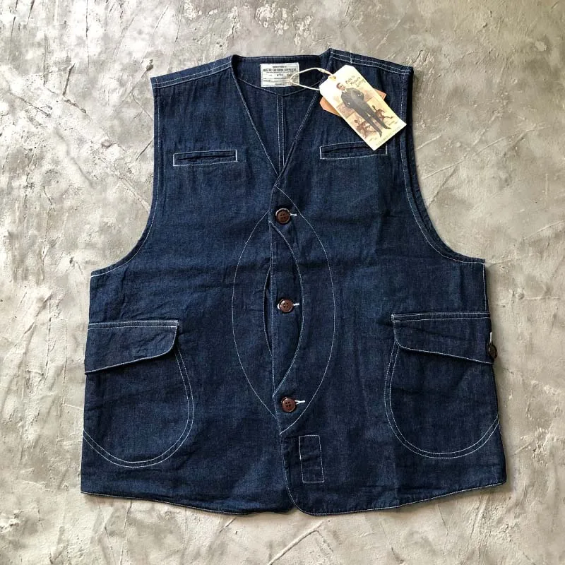 Asia Taglia Americana Retro Vintage Tela Pesca Multi Tasca Gilet di jeans Caccia Abbigliamento da lavoro Gilet Amekaji Autunno 100% cotone lavato