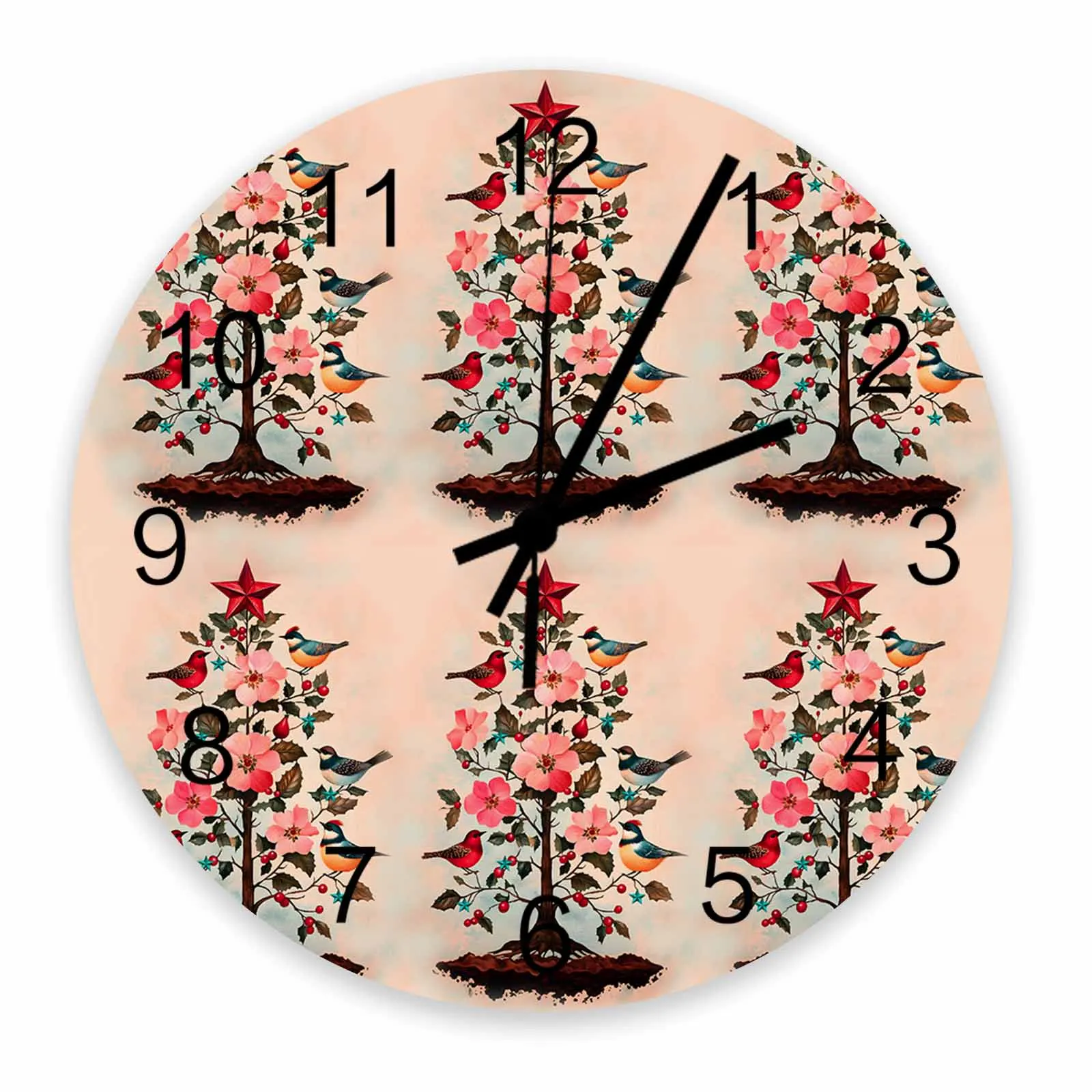 Christmas Tree Flowers Cardinals Wall Clock Large Modern Kitchen Dinning Round Wall Clocks Bedroom Silent Hanging Watc