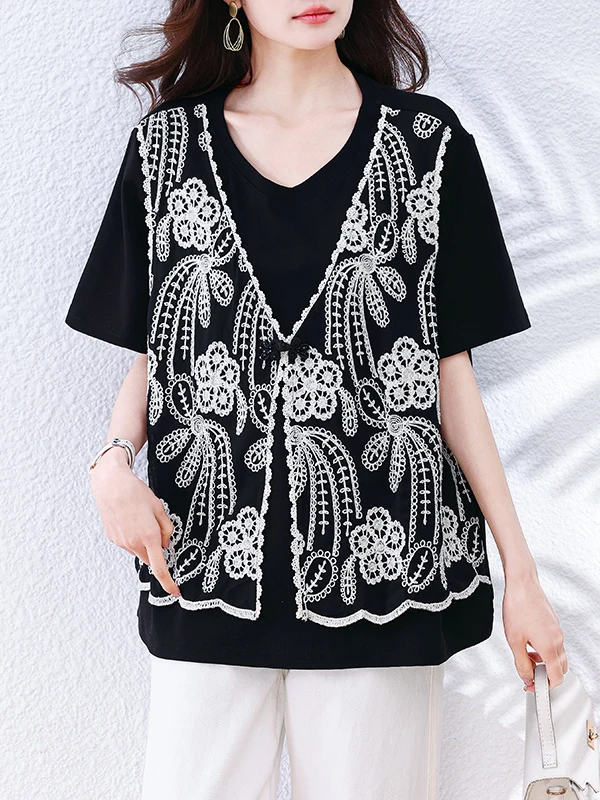 

Ретро-футболка с эффектом двухслойности, вышивкой и коротким рукавом, свободного кроя, больших размеров, женская летняя, супер-стройнящая, черная.