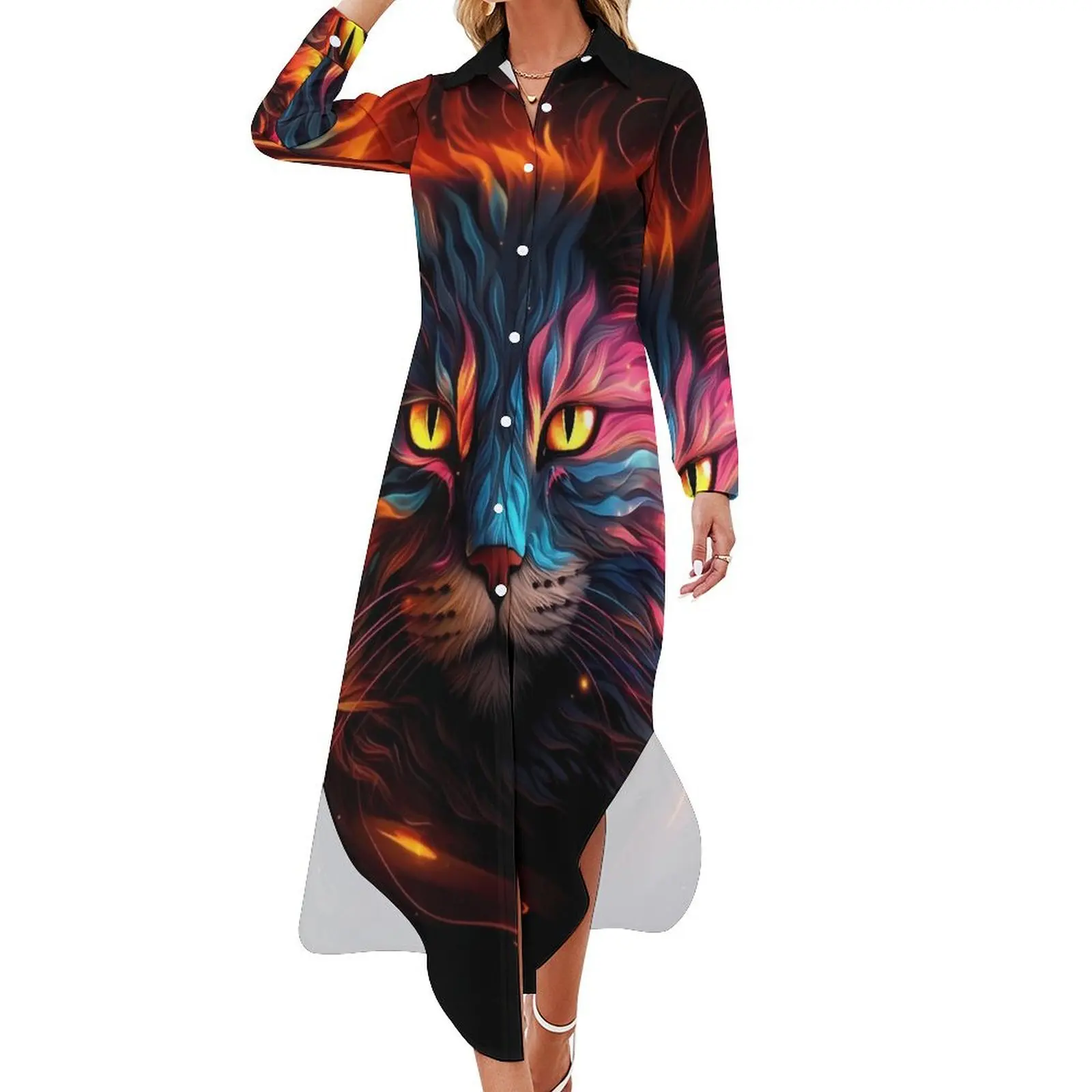 

Colorful Magic Cat Chiffon Dress Sexy V Neck Abstract Art Elegant Dresses Women Aesthetic Casual Dress Birthday Gift