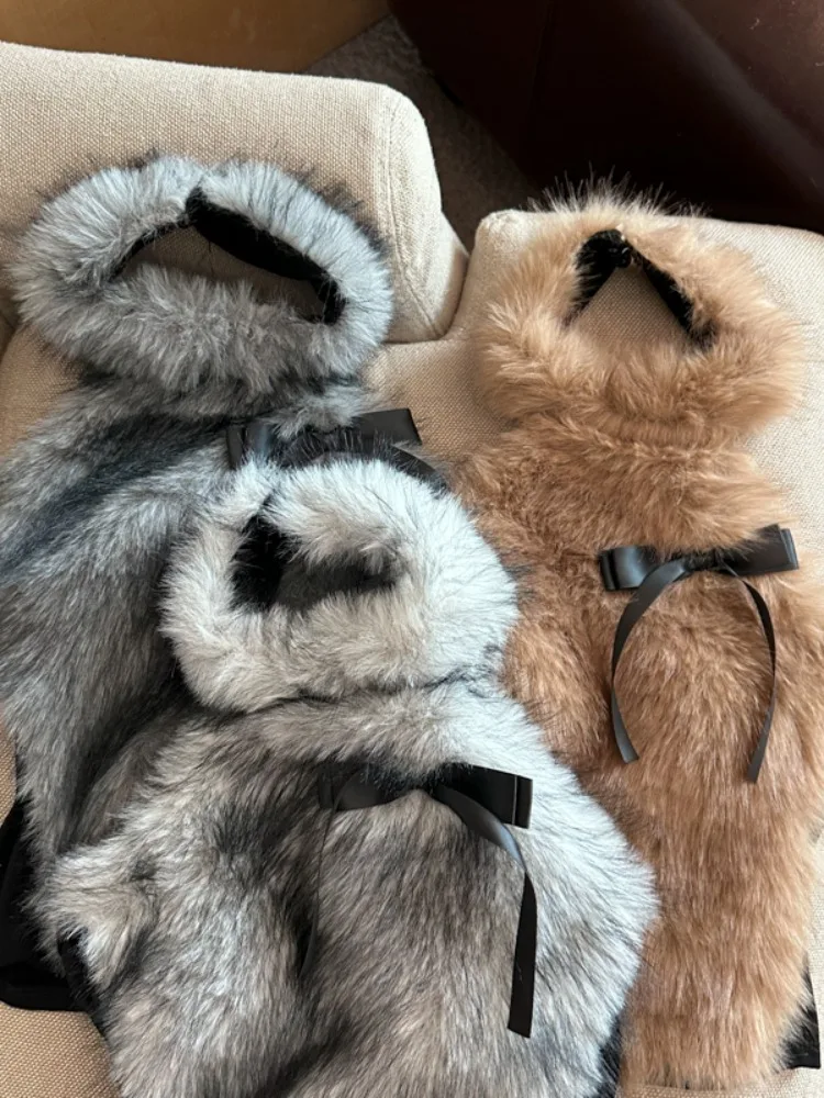 環境に優しいファーのハイカラーベスト、女性用結び目付き、秋と冬のインナーウェアトップ