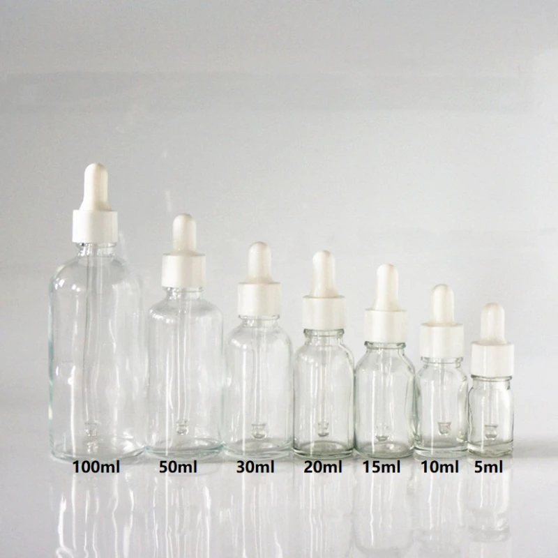 

5/10/15/20/30/50/100ml Reusable Clear Essential Oil Bottle with Rubber Head Dropper Cap White Plastic Cover Glass Containers